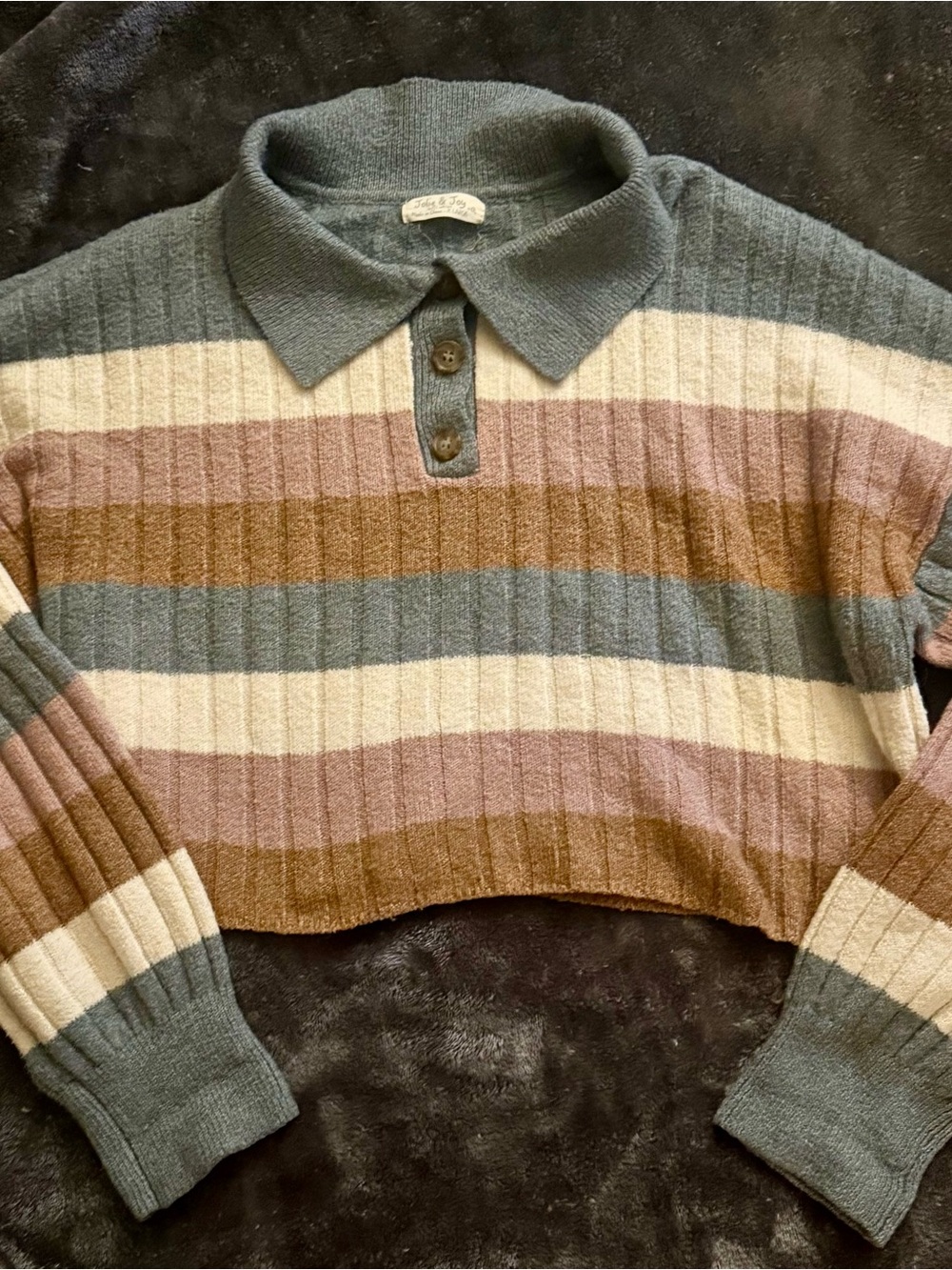 Striped Cropped Polo Sweater in Teal, Cream, Mauve & Brown